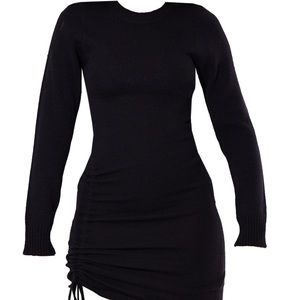 Black Long Sleeve Ruched Asymmetric Knitted Dress Size Medium